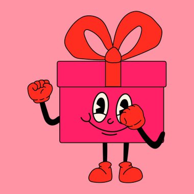 Gift. 30s cartoon mascot character 40s, 50s, 60s old animation style.Valentine's Day concept