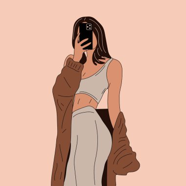 Beautiful young woman in a cute clothes takes off herself on a smartphone. Hand drawn sketch. Vector illustration.