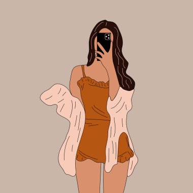 Güzel genç bir kadın pijamalarıyla selfie çekiyor. El çizimi vektör çizimi. Çizgi film biçimi.