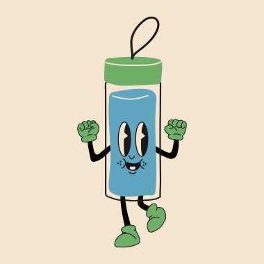 Bottle of water 30s cartoon mascot character 40s, 50s, 60s old animation style.