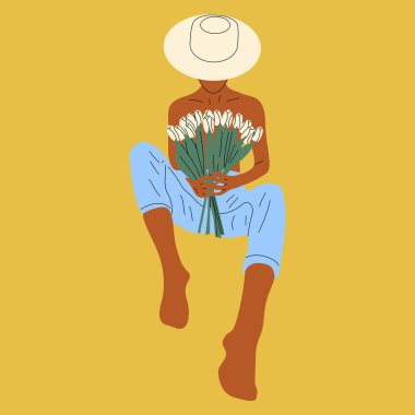 Female blooming from within flat vector illustration. Nude woman with flowers growing from chest. Femininity, feminism, prosperity and self love concept.