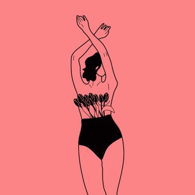 Female blooming from within flat vector illustration. Nude woman with flowers growing from chest. Femininity, feminism, prosperity and self love concept.