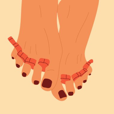Woman feet with pedicure nails. Abstract female feet with bright nails, hand drawn leg fingers with pedicure.