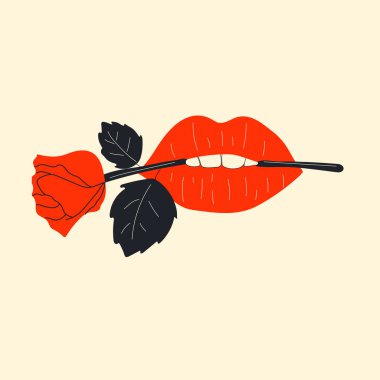 Female sexy gloss red lips with a fresh rose flower in the teeth. Vector isolated hand drawn illustration