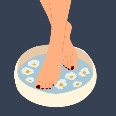 Woman feet with pedicure nails. Abstract female feet with bright nails, hand drawn leg fingers with pedicure