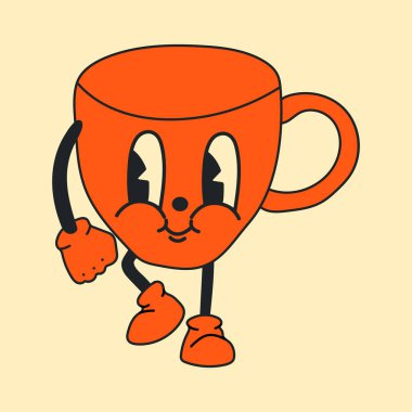 Teacup in retro cartoon style illustration, vintage character vector art collection