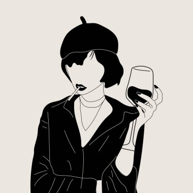 Abstract portrait of woman with glasses of wine. Female drinks wine. Minimalist vine lovers. Trendy vector illustration in monochrome style