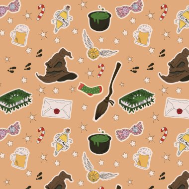 Seamless Pattern with Stickers with magic items. Hat, broom, snitch, potion, cauldron, butterbeer, monster book. clipart