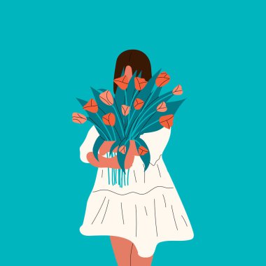 A woman is holding a bouquet of tulips. Femininity, feminism, prosperity and self love concept.