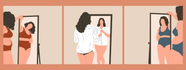 Set of three Beautiful plus size woman looking in mirror at home.