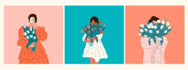 Set of three women is holding a bouquet of tulips. Femininity, feminism, prosperity and self love concept.