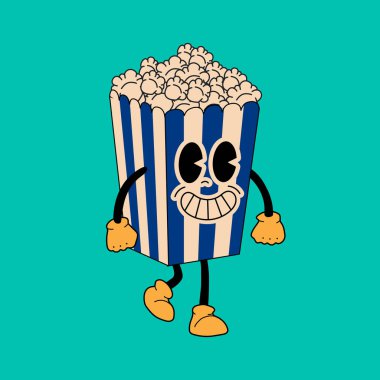 Retro Popcorn mascot. Cute character in trendy retro 60s 70s cartoon style. Vector hand drawn illustration