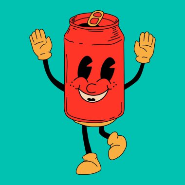 Retro Soda can mascot. Cute character in trendy retro 60s 70s cartoon style. Vector hand drawn illustration