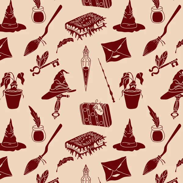 Hand Drawn Seamless Pattern Doodle Magic Things Wizard School Vector — Archivo Imágenes Vectoriales
