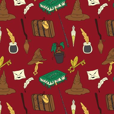 Seamless pattern with magical things from a wizard school