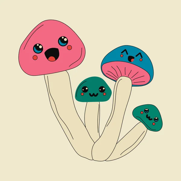 Kawaii Mushrooms可爱的漫画图标 在白色背景上孤立的食物蔬菜粉刺概念 涂鸦风格的吉祥物 — 图库矢量图片