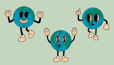 Üç Retro Earth maskotu. 70 'lerin modası geçmiş çizgi film tarzında sevimli bir karakter. Vektör el çizimi resimleme