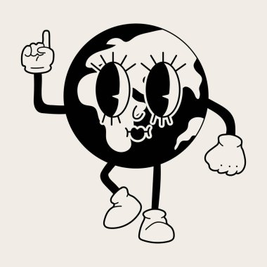 Retro Earth mascot. Cute character in trendy retro 60s 70s cartoon style. Vector hand drawn illustration
