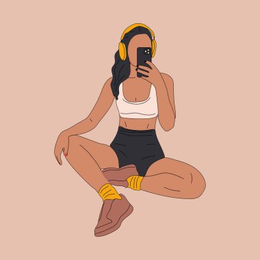 Sporty young Girl taking a selfie on smartphone.Fit woman in gym athletic clothing. Girl takes mirror selfie with a smartphone. Abstract feminine vector illustrations.