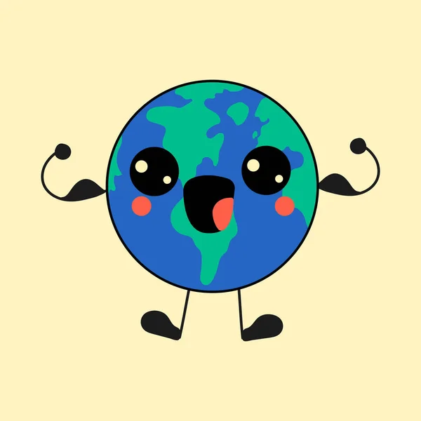Earth Kawaii Mascot Cute Character Vector Hand Drawn Illustration — Vector de stock
