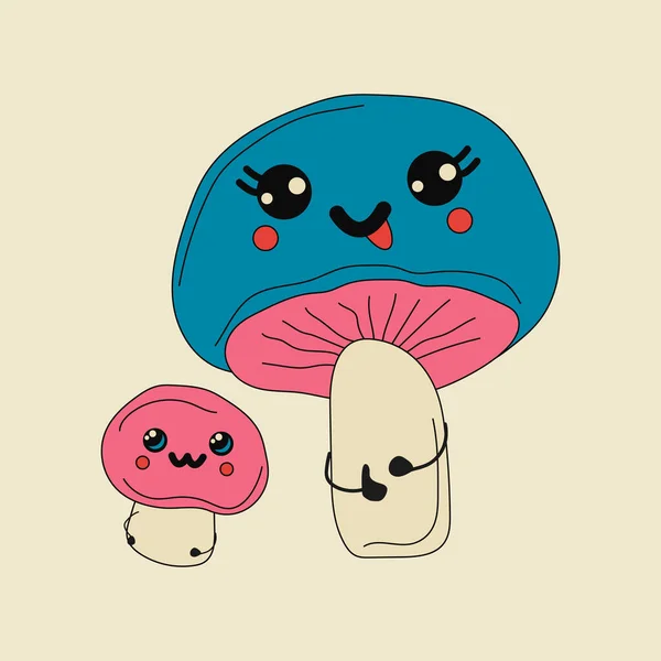 Kawaii Mushrooms可爱的漫画图标 在白色背景上孤立的食物蔬菜粉刺概念 涂鸦风格的吉祥物 — 图库矢量图片