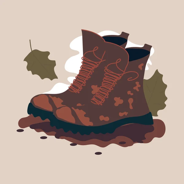 陸軍のブーツイラスト フラットベクトル ハイキングブーツ ダーティ頑丈な革旅行靴 — ストックベクタ