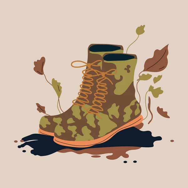 陸軍のブーツイラスト フラットベクトル ハイキングブーツ ダーティ頑丈な革旅行靴 — ストックベクタ
