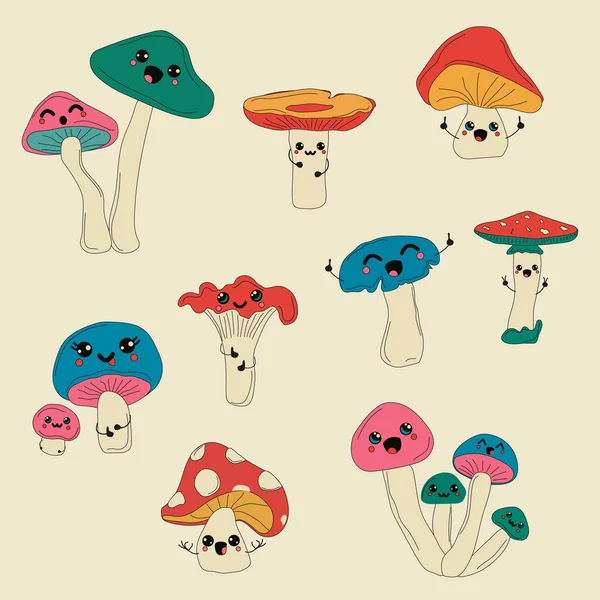 卡瓦伊蘑菇卡通人物卡通人物 在白色背景上孤立的食物蔬菜粉刺概念 涂鸦风格的吉祥物 — 图库矢量图片