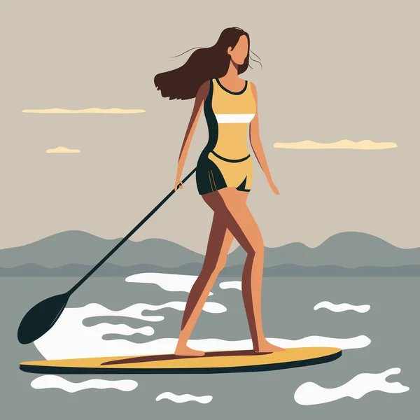 Young Woman Standing Sup Board Isolated Flat Vector — Stock Vector