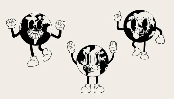 Set Retro Earth Mascot Cute Character Trendy Retro 60S 70S — Stock Vector