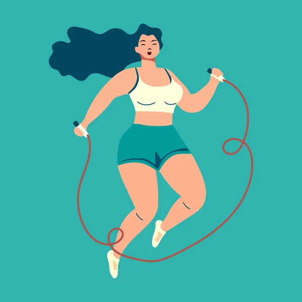 ロープをスキップしてジャンプする美しい若い女性 明るいフラットワークアウトスポーツイラスト — ストックベクタ