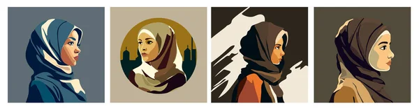 Mengatur Empat Potret Seorang Wanita Arab Dalam Jilbab Ilustrasi Rata - Stok Vektor