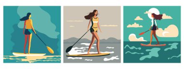 Yemek güvertesinde tek başına duran üç genç kadın. Düz vektör