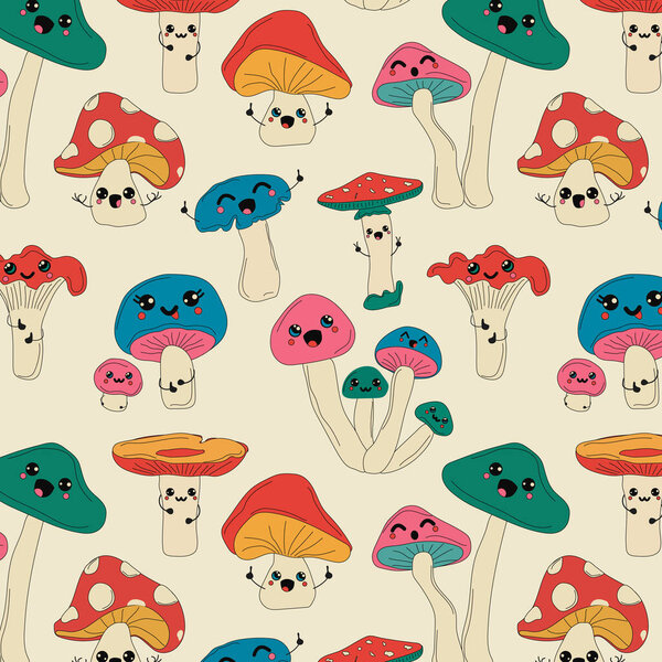 Hand drawn seamless pattern with Cute Kawaii Mushrooms cartoon icon illustration. Food vegetable flaticon concept isolated on white background. Character, mascot in Doodle style.
