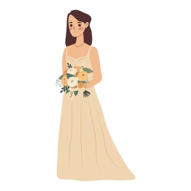 Bir buket çiçekli gelin. Çizgi film tarzında vektör illüstrasyonu.