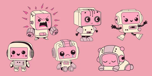 Set Roztomilými Roboty Roztomilý Umělý Robotický Charakter Ručně Kreslená Vektorová — Stockový vektor
