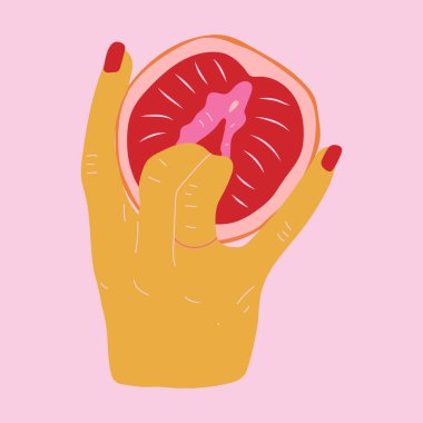 Sexual hand gesture. Fruit with outlines female labia. Illustrator a vagina. Vector.  Love and education concept. 