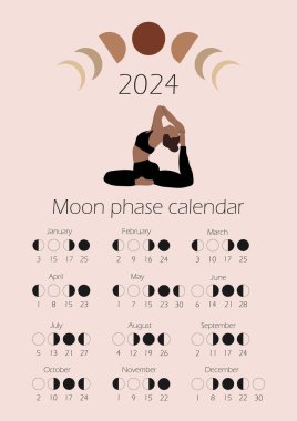 Ay evreleri takvimi 2024 Yoga yapan bir kızla. Gibbous, Cilalı Hilal, Yeni Ay, Hurmalı Dolunay.