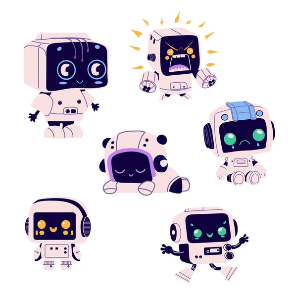 Zestaw Cute Robotów Stylu Retro Futurystyczny Android Bot Postać Inteligentna — Wektor stockowy