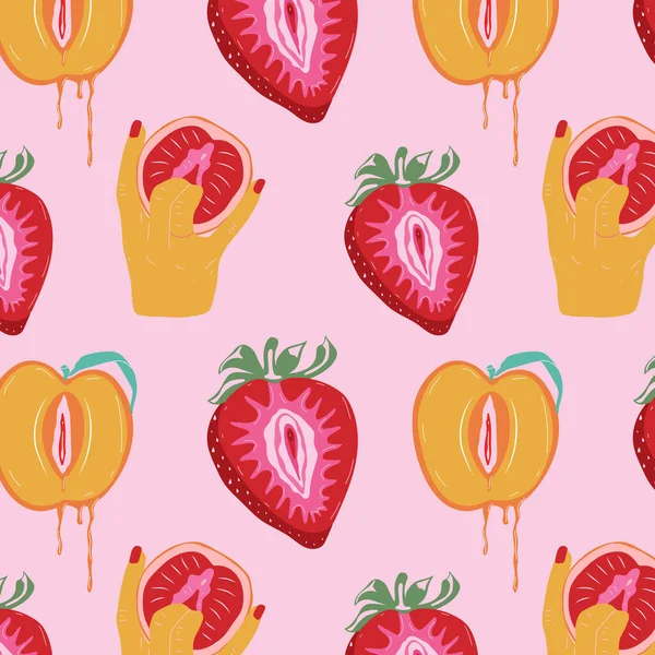 Seamless Pattern Sexual Hand Gesture Fruit Outlines Female Labia Illustrator — Vettoriale Stock