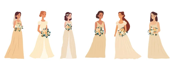 Gran Conjunto Novias Con Ramos Flores Boda Ilustración Vectorial Estilo — Archivo Imágenes Vectoriales