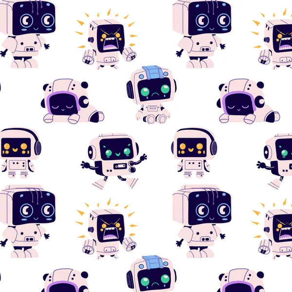 stock vector Seamless pattern with Cute robots in retro futuristic style. Android bot character, smart machine . Smart assistant with clipboard, studying information. 