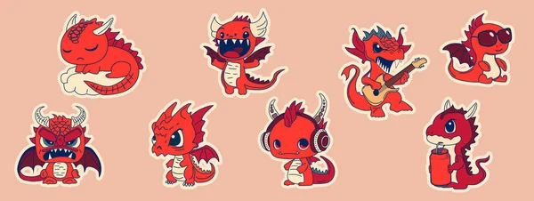 Set Vector Ilustración Stock Personajes Emoji Aislados Dibujos Animados Dinosaurio — Vector de stock