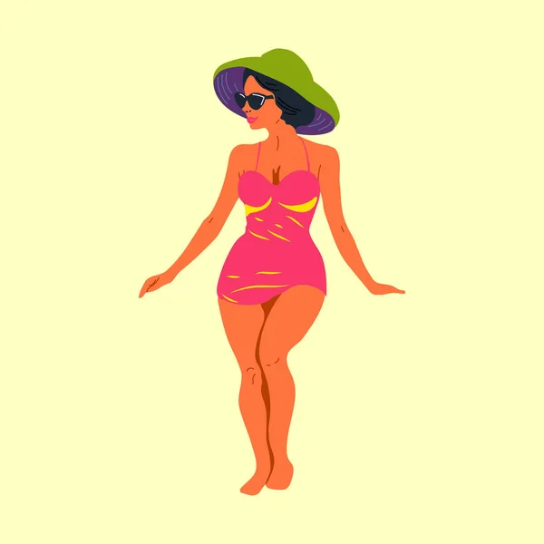 帽子の美しい若い女性 水着の女の子は夏の太陽の下で日光浴です フラットベクトルイラスト 絶縁型背景 — ストックベクタ