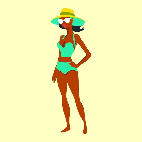Beautiful Young Woman Hat Girl Swimsuit Sunbathing Summer Sun Flat — Stock Vector