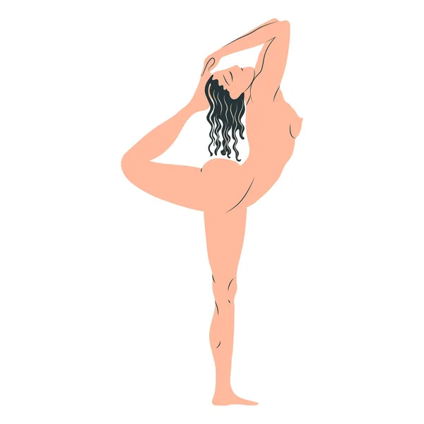 裸の若い女性が体操を行う 光の背景に隔離されたヨガの位置を示す女性漫画のキャラクター 平面ベクトル図 — ストックベクタ
