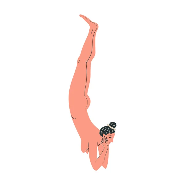 赤身裸体的年轻女子正在进行体育锻炼 女性卡通人物在轻松背景下表现出孤立的瑜伽姿势 平面矢量图解 — 图库矢量图片