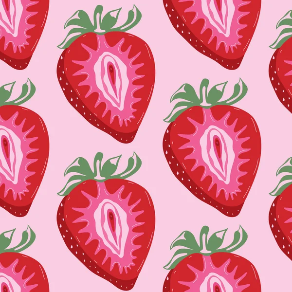 Seamless pattern with Fruit strawberry with outlines female labia. Illustrator a vagina. Vector
