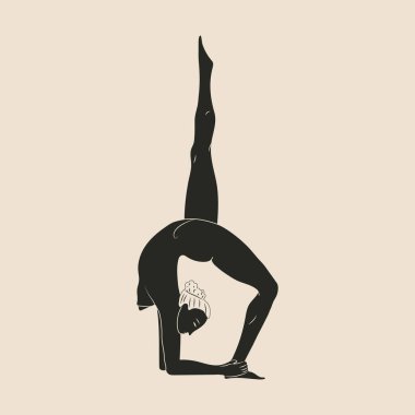 Çıplak genç bir kadın fiziksel egzersiz yapıyor. Siyah ve beyaz kadın çizgi film karakteri, arka planda izole edilmiş yoga pozisyonları sergiliyor. Düz vektör illüstrasyonu