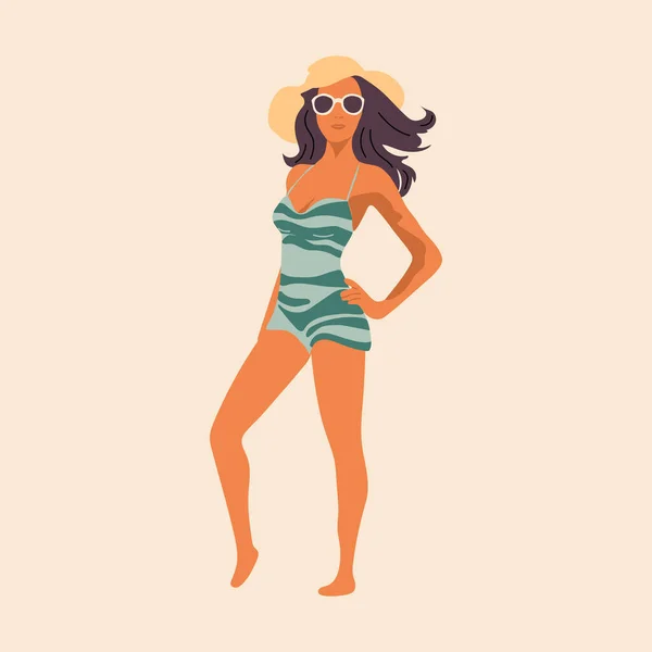 Schöne Junge Frau Mit Hut Mädchen Badeanzug Sonnen Sich Der — Stockvektor